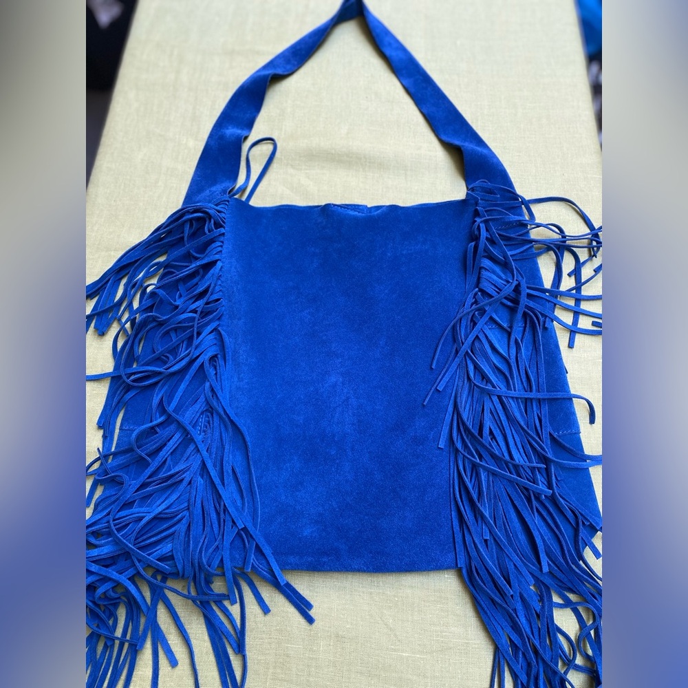 Claudia Firenze Blue Emma Fringed Italian Suede Leather Shoulder Boho Western - Picture 12 of 12